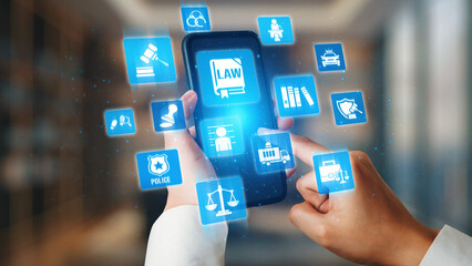 Law icons illustrate justice, court, and regulation system. Law represents fairness, law supports...