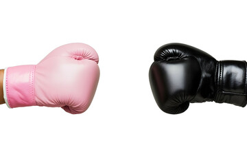 Closeup of two boxing gloves one pink and the other black touching each other on an isolated gray background symbolizing competition or tension between
