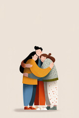 Three people, dressed in colourful clothing, hugging each other. Isolated on neutral coloured background, promoting love, compassion and togetherness. Copy space, aspect ratio 2:3