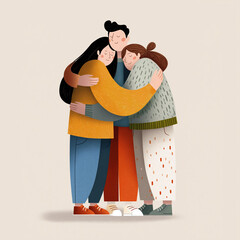 Three people, dressed in colourful clothing, hugging each other. Isolated on neutral coloured background, promoting love, compassion and togetherness.