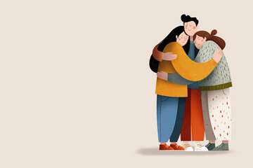Three people, dressed in colourful clothing, hugging each other. Isolated on neutral coloured background, promoting love, compassion and togetherness. Copy space, aspect ratio 3:2