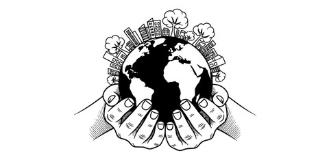 Hands Holding Earth Vector - Black White Environmental Community Service Globe Tree Building Line Art Sustainability Care Illustration on White Background
