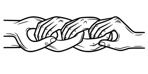Interlocking Hands Chain Vector - Black White Geometric Minimalist Community Connection Strength Unity Link Pattern Illustration on White Background