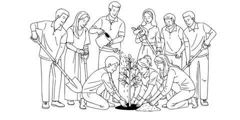 Community Tree Planting Vector - Black White Diverse People Group Collaboration Environmental Action Line Art Growth Illustration on White Background