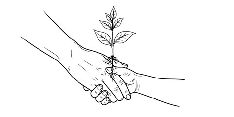 Parent Child Hands Seedling Vector - Black White Generational Community Service Nurturing Legacy Growth Line Art Illustration on White Background