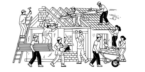 Community House Building Vector - Black White People Construction Habitat Service Tools Materials Volunteer Shelter Illustration on White Background