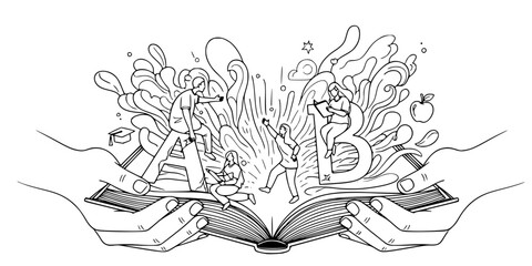 Hands Book Education Vector - Black White Literacy Community Service Knowledge Sharing Reading Learning Line Art Illustration on White Background