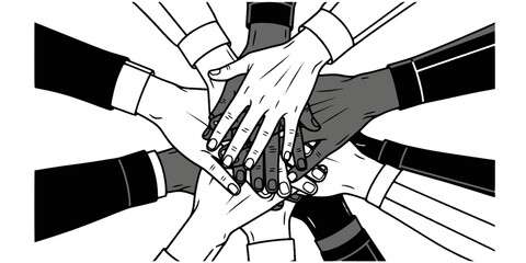 Hands Stacking Teamwork Vector - Black White Overhead View Unity Action Collaboration Diverse Team Gesture Graphic Illustration on White Background
