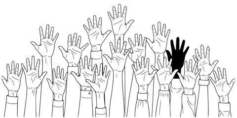 Diverse Hands Raised Unity Vector - Black White Minimalist Line Art Community Solidarity Illustration for Charity Volunteer Nonprofit Design on White Background