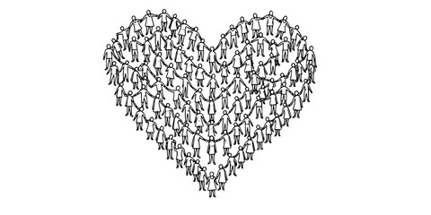 Human Circle Heart Vector - Black White Line Art Community Love Compassion Illustration People Holding Hands Connection Design on White Background