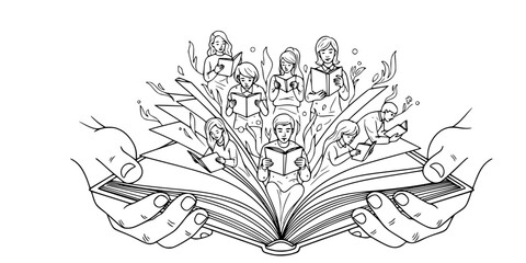 Hands Book Education Vector - Black White Literacy Community Service Knowledge Sharing Reading Learning Line Art Illustration on White Background