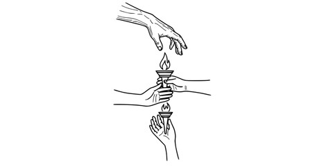 Passing Torch Generations Vector - Black White Mentorship Legacy Knowledge Transfer Flame Hands Symbolic Community Illustration on White Background