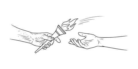 Passing Torch Generations Vector - Black White Mentorship Legacy Knowledge Transfer Flame Hands Symbolic Community Illustration on White Background