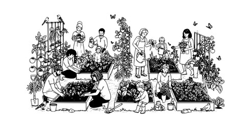 Community Garden Vector - Black White Urban Agriculture People Planting Growing Sustainability Botanical Volunteer Illustration on White Background
