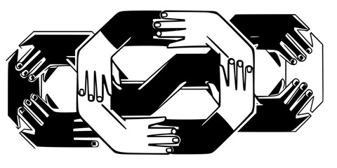 Interlocking Hands Chain Vector - Black White Geometric Minimalist Community Connection Strength Unity Link Pattern Illustration on White Background