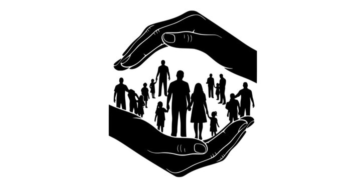 Hands Protecting Family Vector - Black White Community Support Care Security Circle Protection Silhouette Illustration on White Background