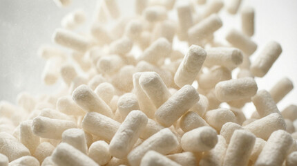 Cascade of white biodegradable cornstarch packing peanuts falling into heap against bright high-key background