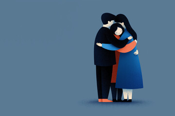 Father, mother and daughter hugging each other isolated against a blue background promoting love, belonging and togetherness. Copy space, aspect ratio 3:2