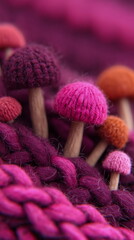 Knitted yarn mushrooms on purple textile background in closeup view