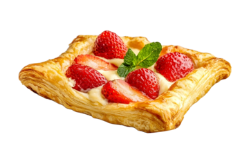 Strawberry Danish puff pastry filled with sweet cheese served in plate isolated on white background top view of baked food indian dessert