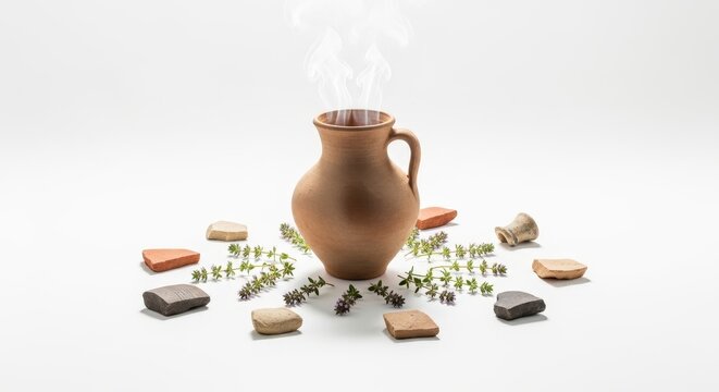Traditional Cypriot Ttavvas Clay Pot with Rising Steam and Medieval Pottery Shards in Minimalist White Space