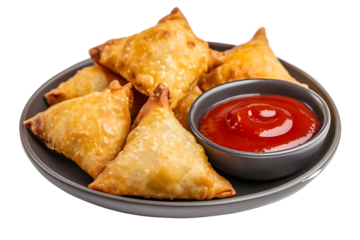 Samosas plate with sauce isolated on white background Ramadan fried samosa on plate closeup Indian snack Samosas with ketchup sauce in plate Samosas in
