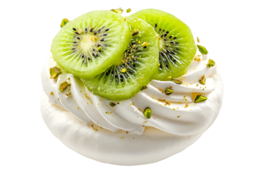 Perfect mini Pavlova cake with whipped mascarpone cream and fresh kiwi slices sprinkled with crushed pistachios top view isolated on white background.j
