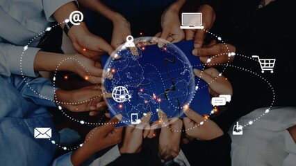 A vibrant representation of diverse hands working together on a digital globe, symbolizing global connectivity, innovation, and collaborative technology in modern communication. Raster