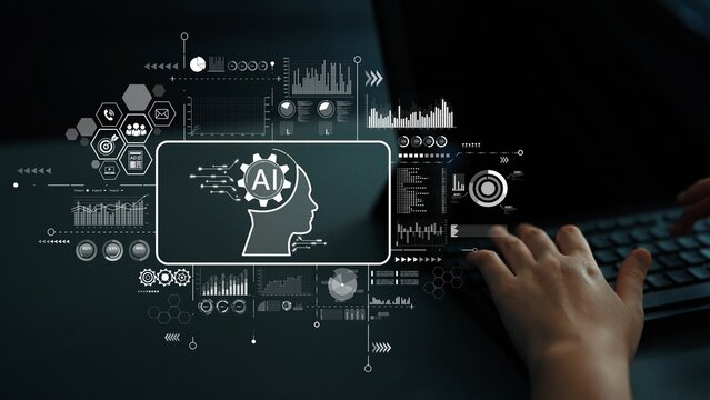 Futuristic Concept of Artificial Intelligence with Data Visualization and User Interaction on a Computer Interface. Asymptotic smart data analytic. - Powered by Adobe