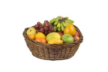 Many different fresh fruits in wicker basket isolated on white