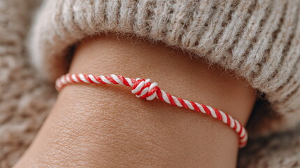 Red and white martenitsa bracelet on wrist closeup macro view