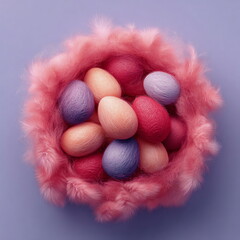 Colored easter eggs in pink fluffy nest on purple background