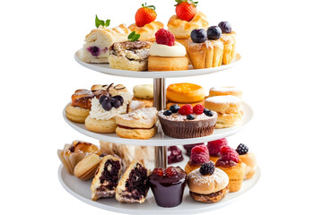 Pastries Savouries and Cakes on High Tea Stand Afternoon Tea isolated on white background