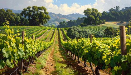 Scenic landscape featuring neatly arranged rows of grapevines thriving under a blue sky with rolling hills