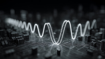 Fusion art of energy waveform and electronic circuits in a futuristic cityscape