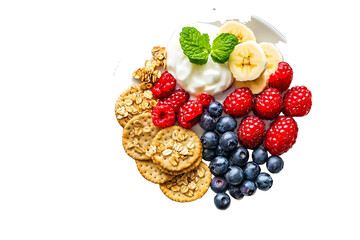 Rice Crackers Snack Assorted Crackers Topped with Banana Fresh Berries Yogurt and Granola in white plate Healthy Food Breakfast Idea isolated on white