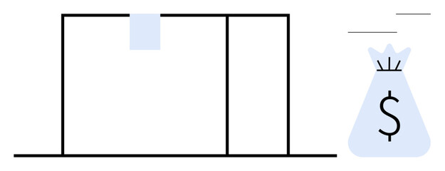 Shipment box alongside dollar sign money bag representing e-commerce, payment transactions, online shopping, logistics, and delivery business. Ideal for commerce, shipping, and finance themes