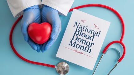 National Blood Donor Month greeting card with heart stress ball, gloved hands, stethoscope and clean white card on blue medical background.