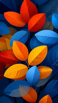 Dise&ntilde;o abstracto con hojas estilizadas en tonos vivos como rojo, naranja, azul y amarillo, sobre fondo oscuro, con textura detallada, patr&oacute;n org&aacute;nico y contraste visual ideal para decoraci&oacute;n art&iacute;stica