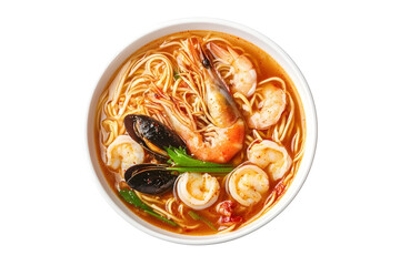 Haemul Kalguksu is Korean Knife Cut Noodle Soup With Seafood isolated on white top view flat lay
