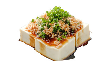 Delicious Chilled tofu and century egg food with soy sauce and bonito flakes topping in Taiwan isolated on white background
