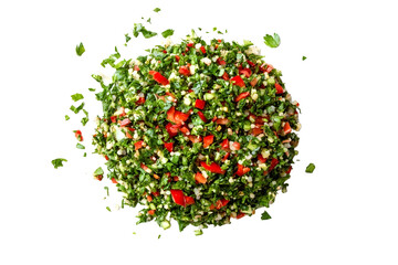 Arabic Lebanese Tabbouleh Salad closeup appetizersTabbouleh and middle eastern food isolated on white top view