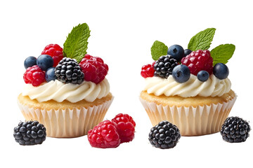 Tasty cupcakes with different berries and mint on wooden table isolated on white background side view front view selected focus