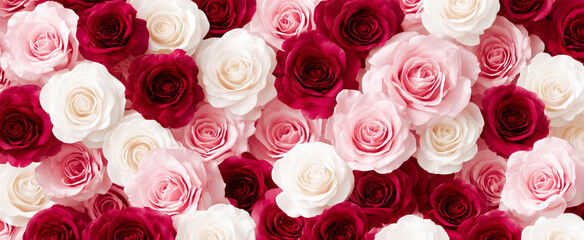 Floral background filled with blooming pink, red, and white roses