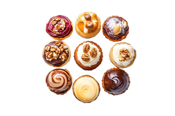 top view assorted Choux cake with topping French dessert French shu cake with nuts and cream on a dessert white plate isolated on white background.jpeg