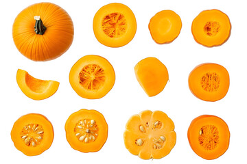 Set of fresh whole and sliced pumpkin isolated on white background Top view