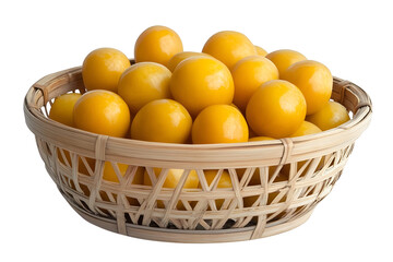 Sweet Yellow Marian Plum in Bamboo basket isolated on white background Tropical fruit Mayongchid Maprang on white background With clipping path