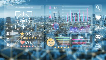 Explore a digital marketing analytics dashboard featuring dynamic graphs and performance metrics against a futuristic city backdrop, showcasing technology in data analysis. Gantry