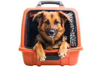 Adorable dog in pet carrier isolated on white