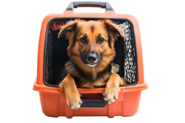 Adorable dog in pet carrier isolated on white